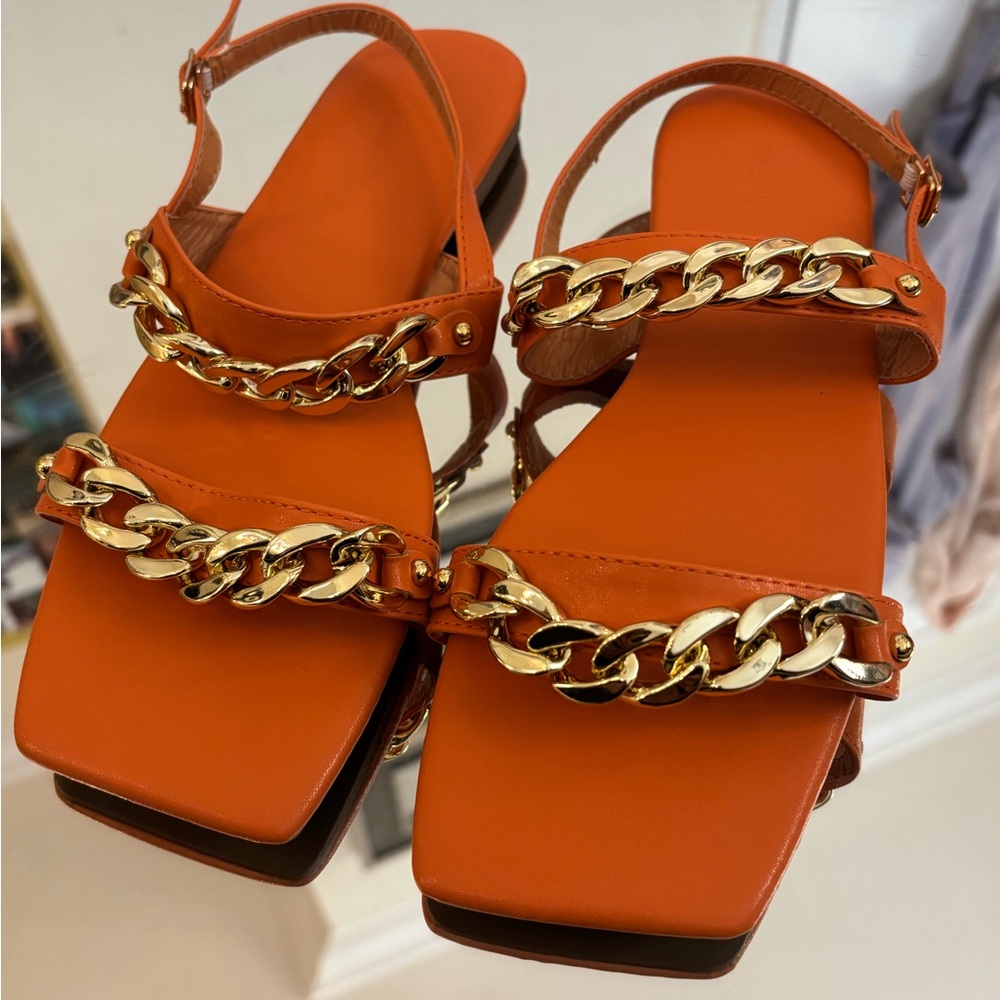 Gold and Orange Chain Sandals with Square Toe
